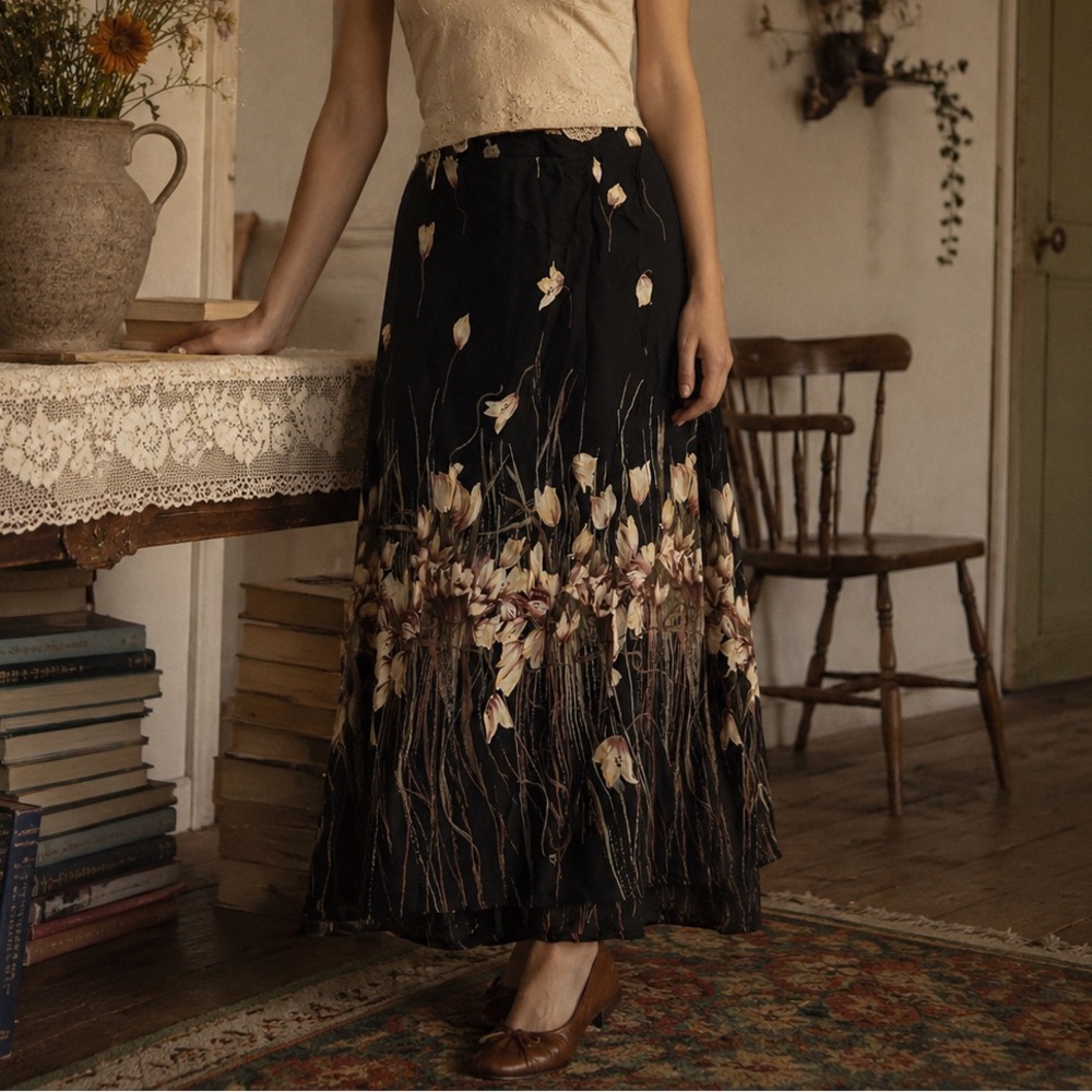 Vintage Style & Co Collection Petite Black Floral Slit Front Maxi Skirt - 8P